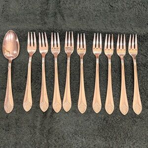 Lot of 9 Cocktail Forks and 1 Spoon International Silver Co. Manhattan Pattern